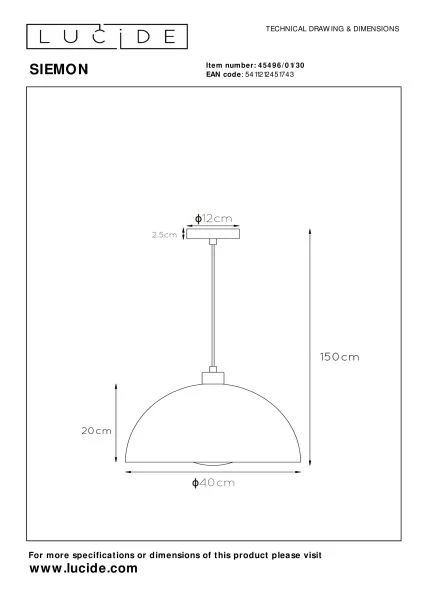 Lucide SIEMON - Pendelleuchten - Ø 40 cm - 1xE27 - Schwarz - TECHNISCH